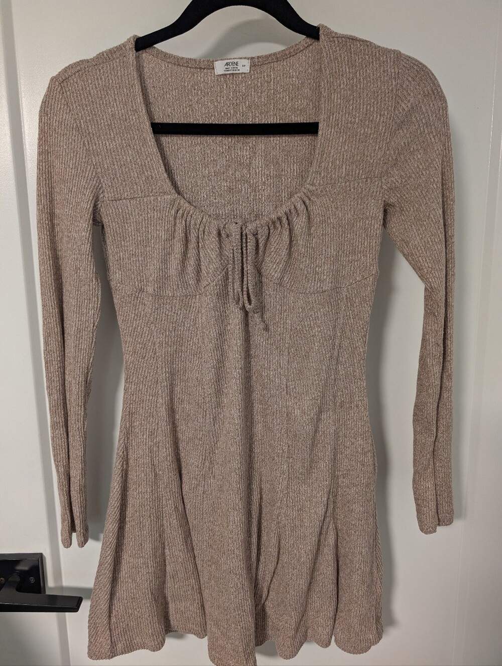 Beige Long Sleeve Dress With Bow